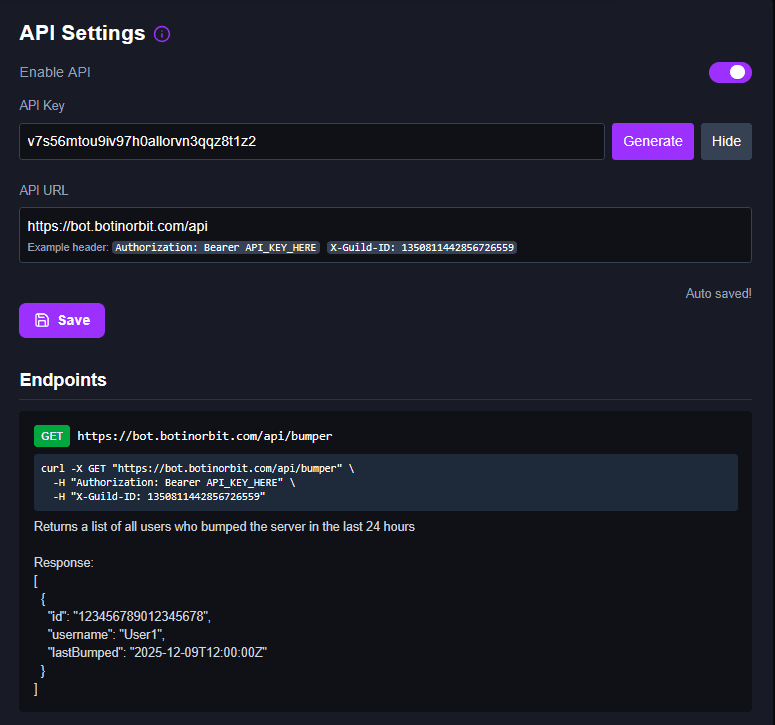 API config Screenshot